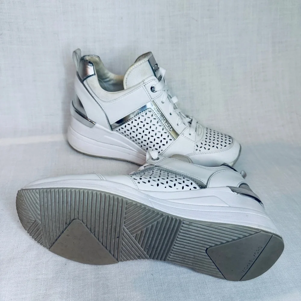 Michael Kors Georgie White Silver Laser Cut Wedge Sneakers Fashion Trainers